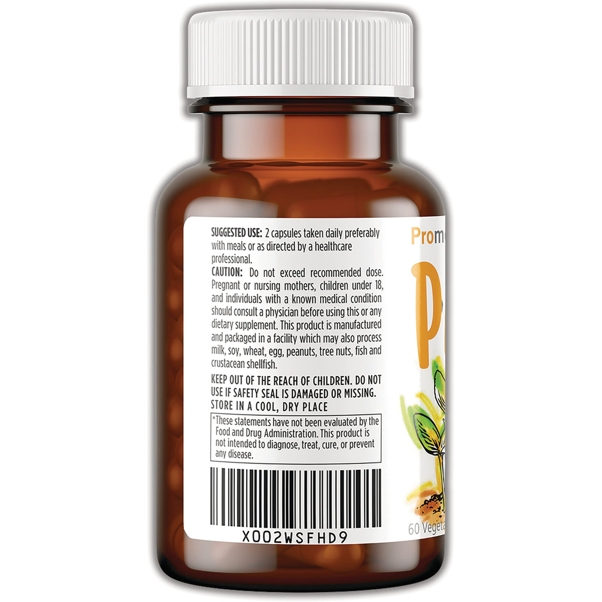 Back label of amber supplement bottle showing suggested use, caution text and barcode