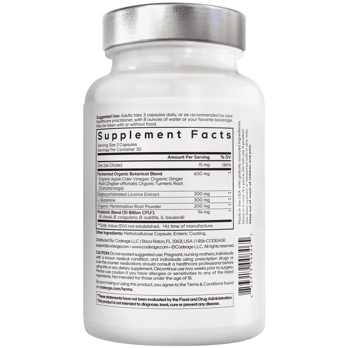 CDG006 | back of white supplement bottle showing Supplement Facts label, ingredient list and barcode