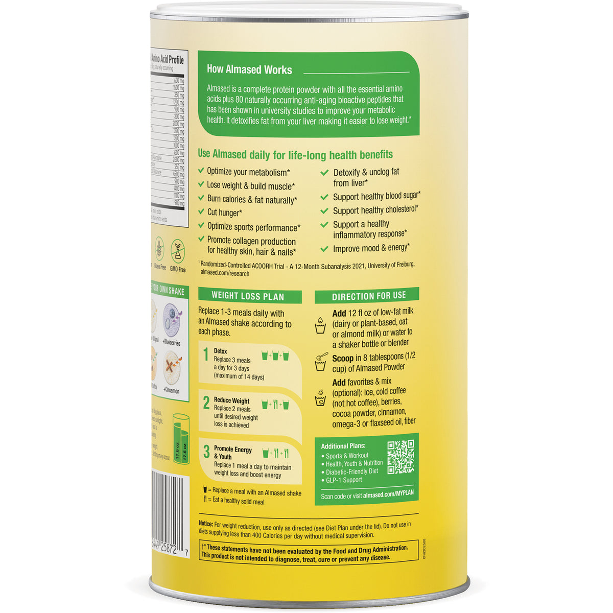 ALM006 | Canister back infographic showing weight loss plan, directions for use and health benefits of Almased powder