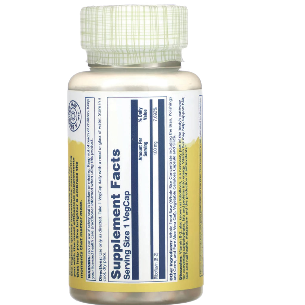SLR419 | Back label with Supplement Facts panel, serving size 1 VegCap, riboflavin (B-2) 100 mg - Thumbnail