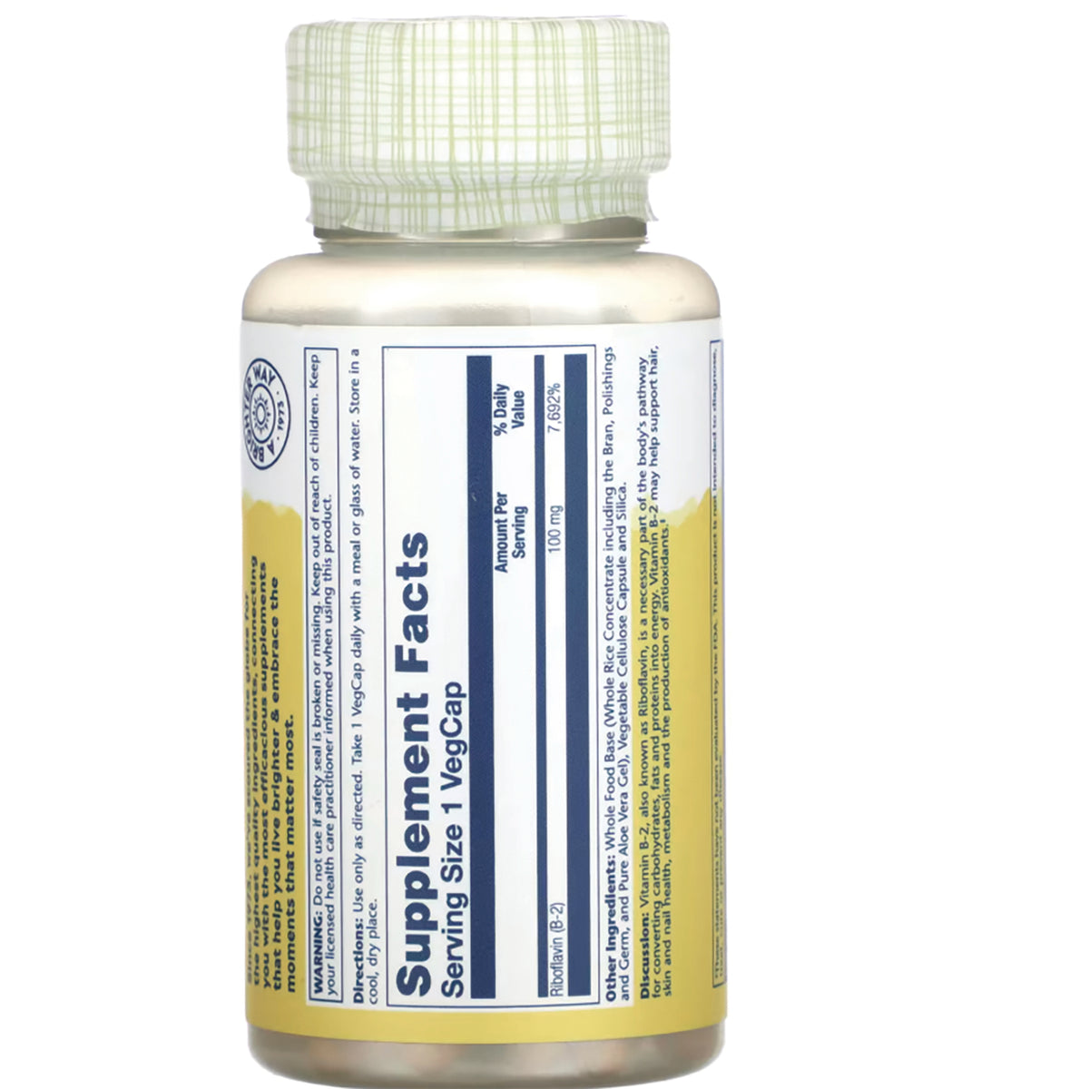 SLR419 | Back label with Supplement Facts panel, serving size 1 VegCap, riboflavin (B-2) 100 mg