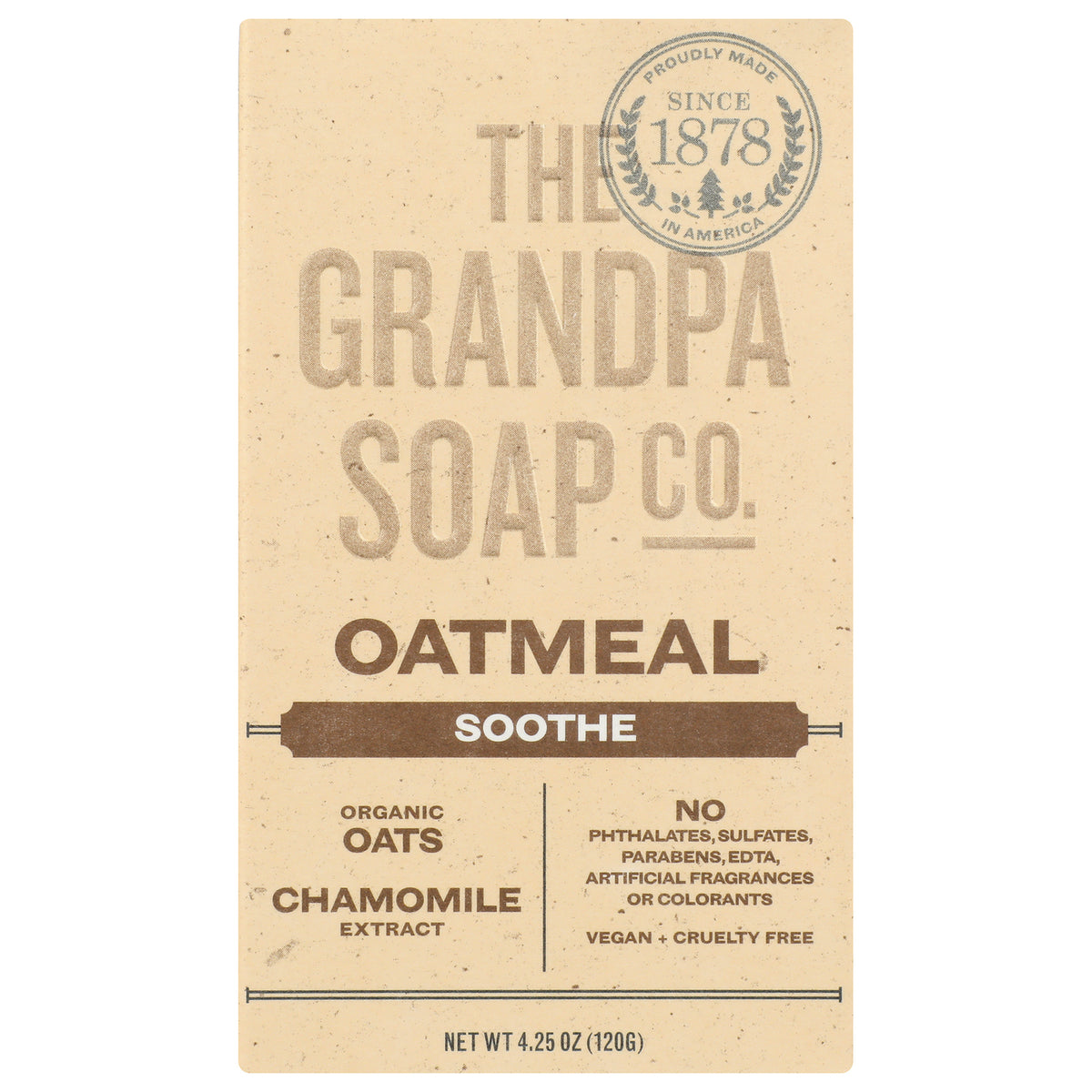 GP028 | Grandpa Soap Co oatmeal bar packaging labeled OATMEAL Soothe with organic oats and chamomile extract