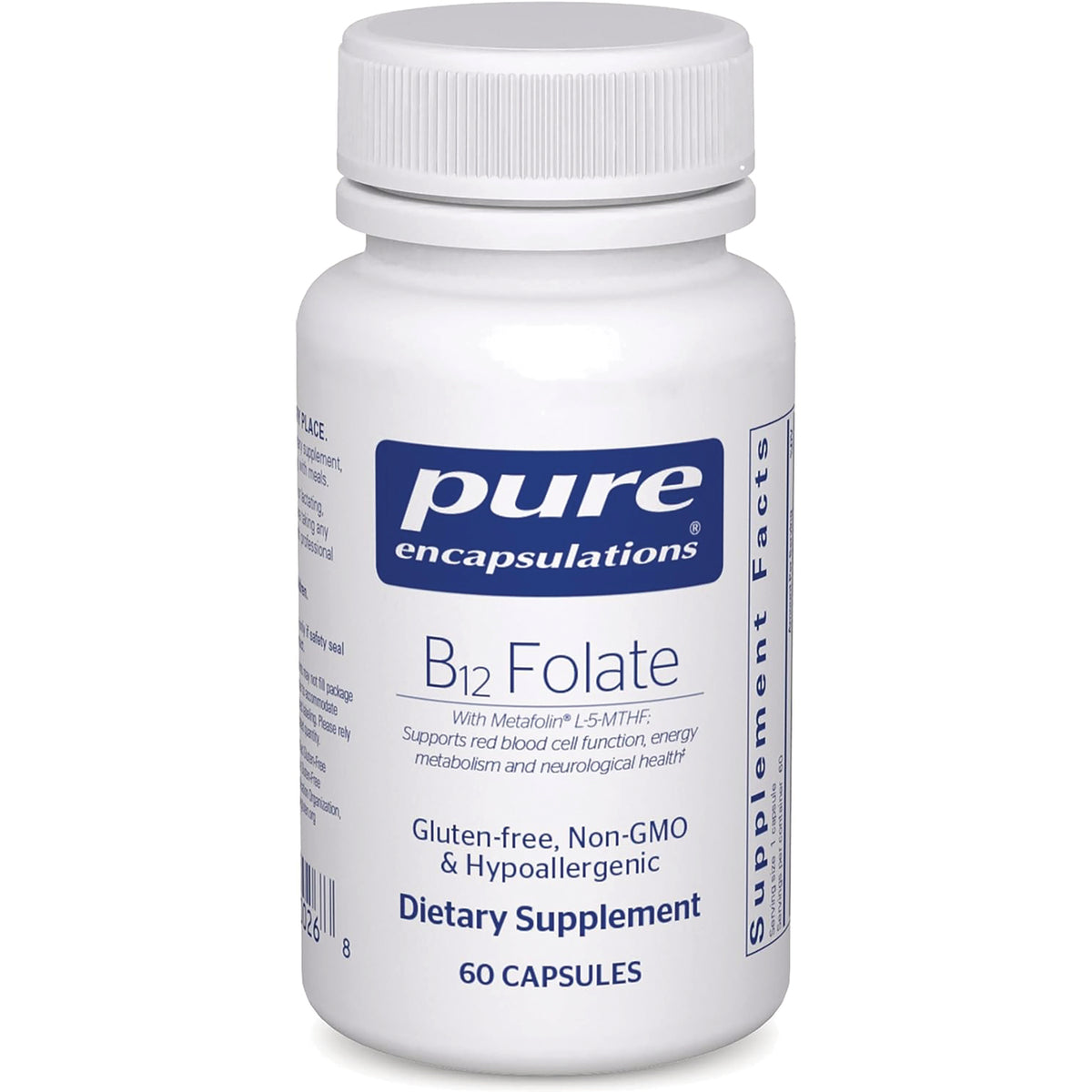 PRN012 | white bottle of Pure Encapsulations B12 Folate dietary supplement, 60 capsules, gluten-free non-GMO