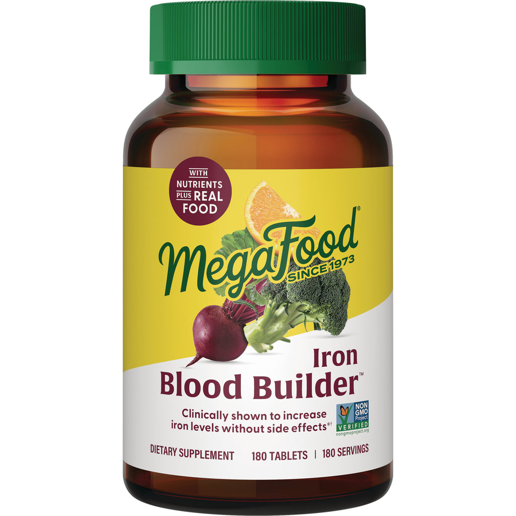 MGF050 | Megafood Iron Blood Builder supplement bottle front label with beet, broccoli and orange graphics - Thumbnail