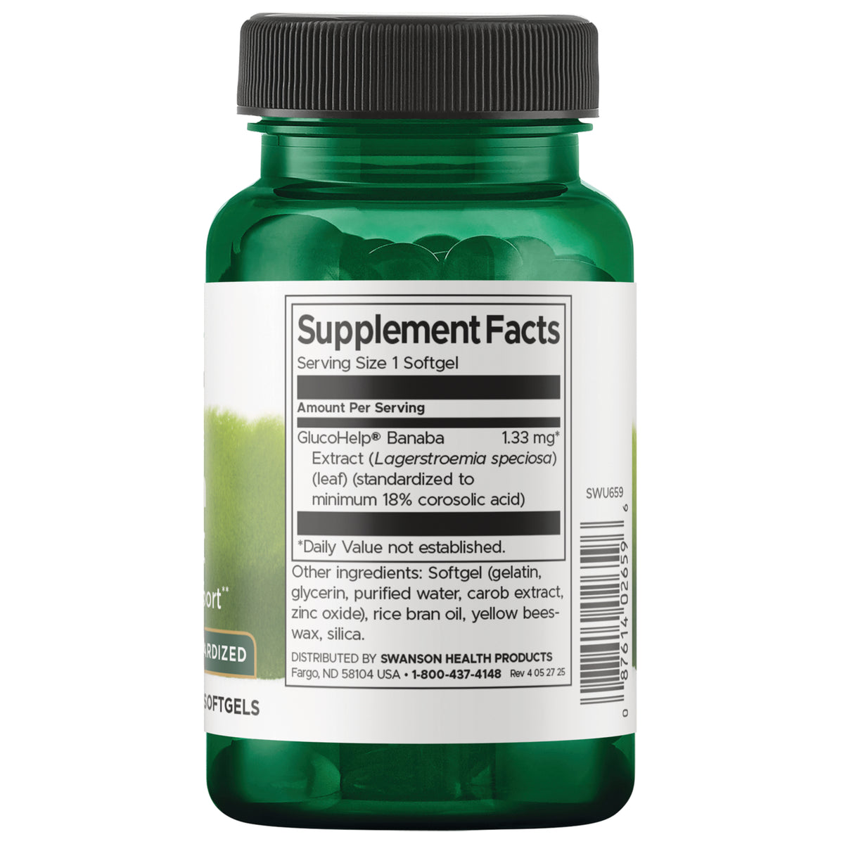SWU659 | Back label showing Supplement Facts and other ingredients for GlucoHelp Banaba Extract