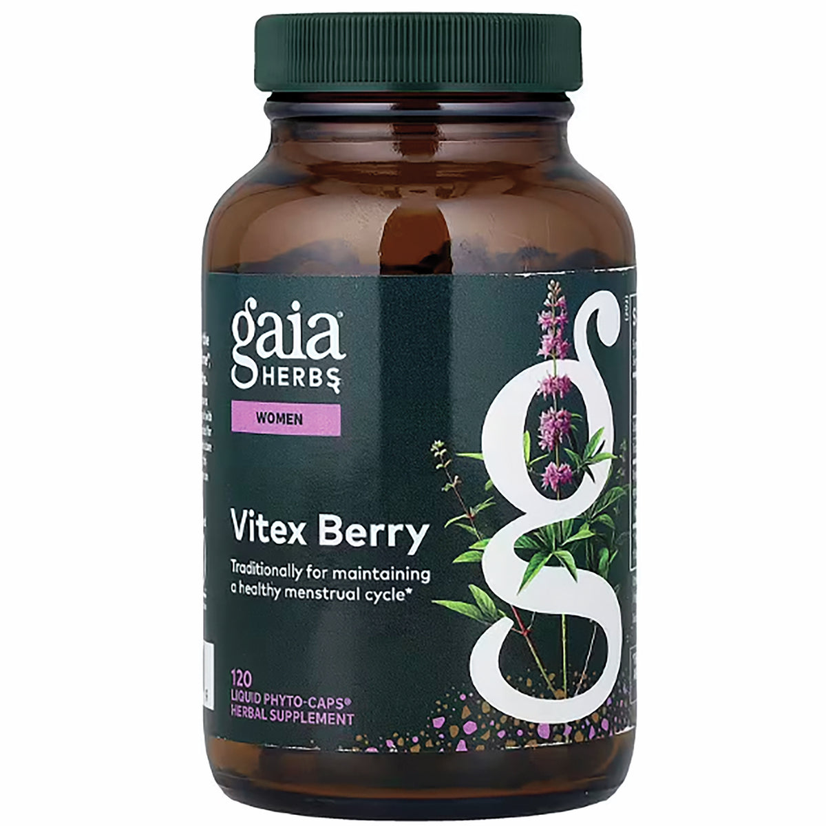 GH133 | Gaia Herbs Vitex Berry brown bottle with green cap and purple label, 120 vegan liquid phyto-caps herbal supplement