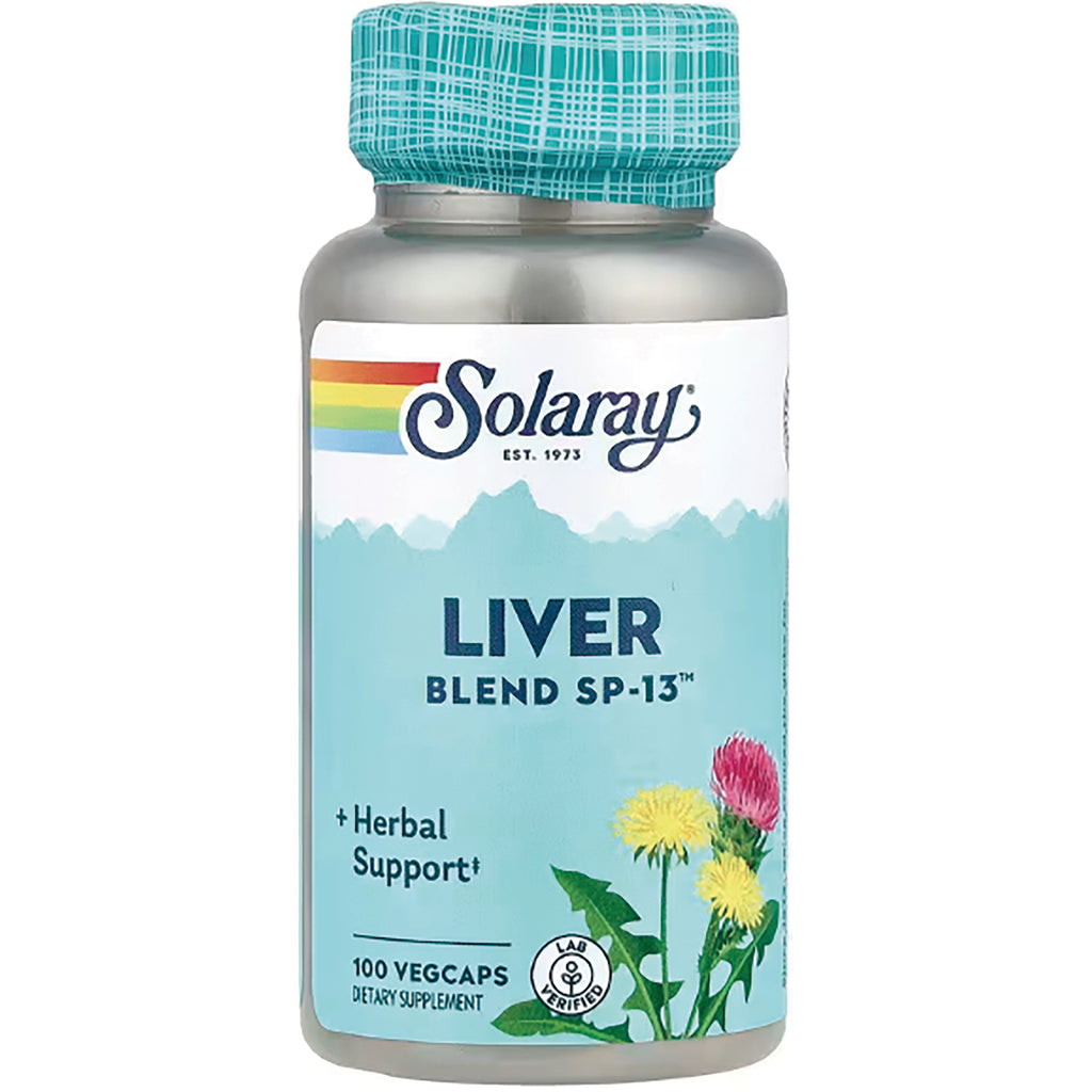SLR219 | Solaray Liver Blend SP-13 herbal supplement bottle with front label reading LIVER BLEND SP-13, 100 VEGCAPS - Thumbnail