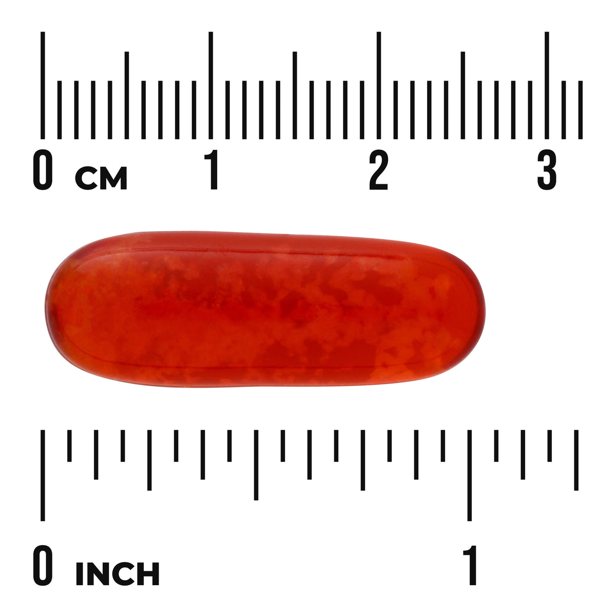 SWE089 | Red softgel capsule with cm and inch rulers for size reference