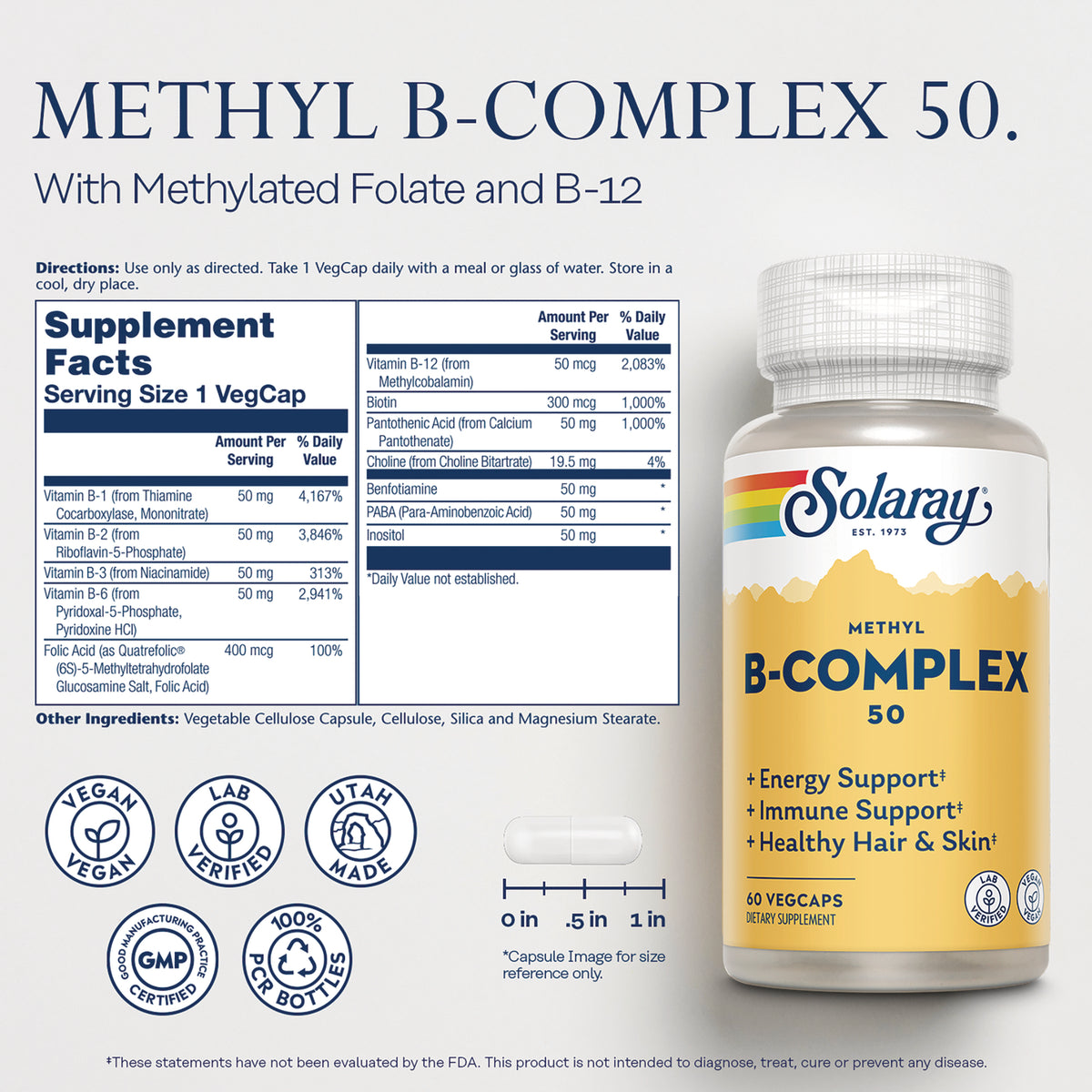 SLR548 | Back label of Methyl B-Complex 50 showing supplement facts, ingredients, capsule size graphic and bottle image