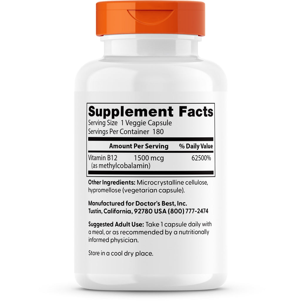 DB267 | Back label showing Supplement Facts with serving size 1 veggie capsule, Vitamin B12 1500 mcg, ingredients and manufacturer contact - Thumbnail