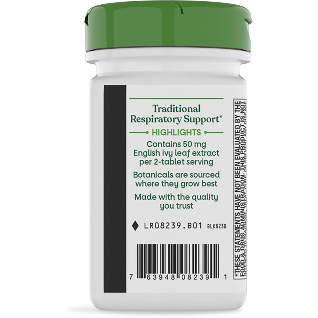 ET466 | Back of white supplement bottle with green cap showing label text TRADITIONAL RESPIRATORY SUPPORT barcode and ingredient panel - Thumbnail
