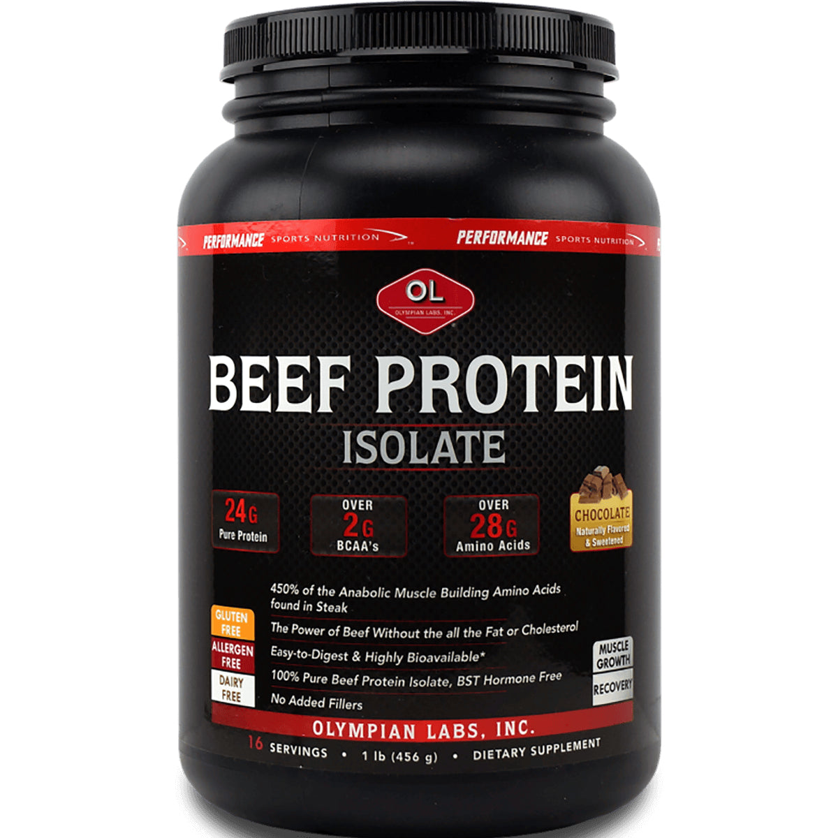 OL032 | Olympian Labs Beef Protein Isolate chocolate flavor tub front label