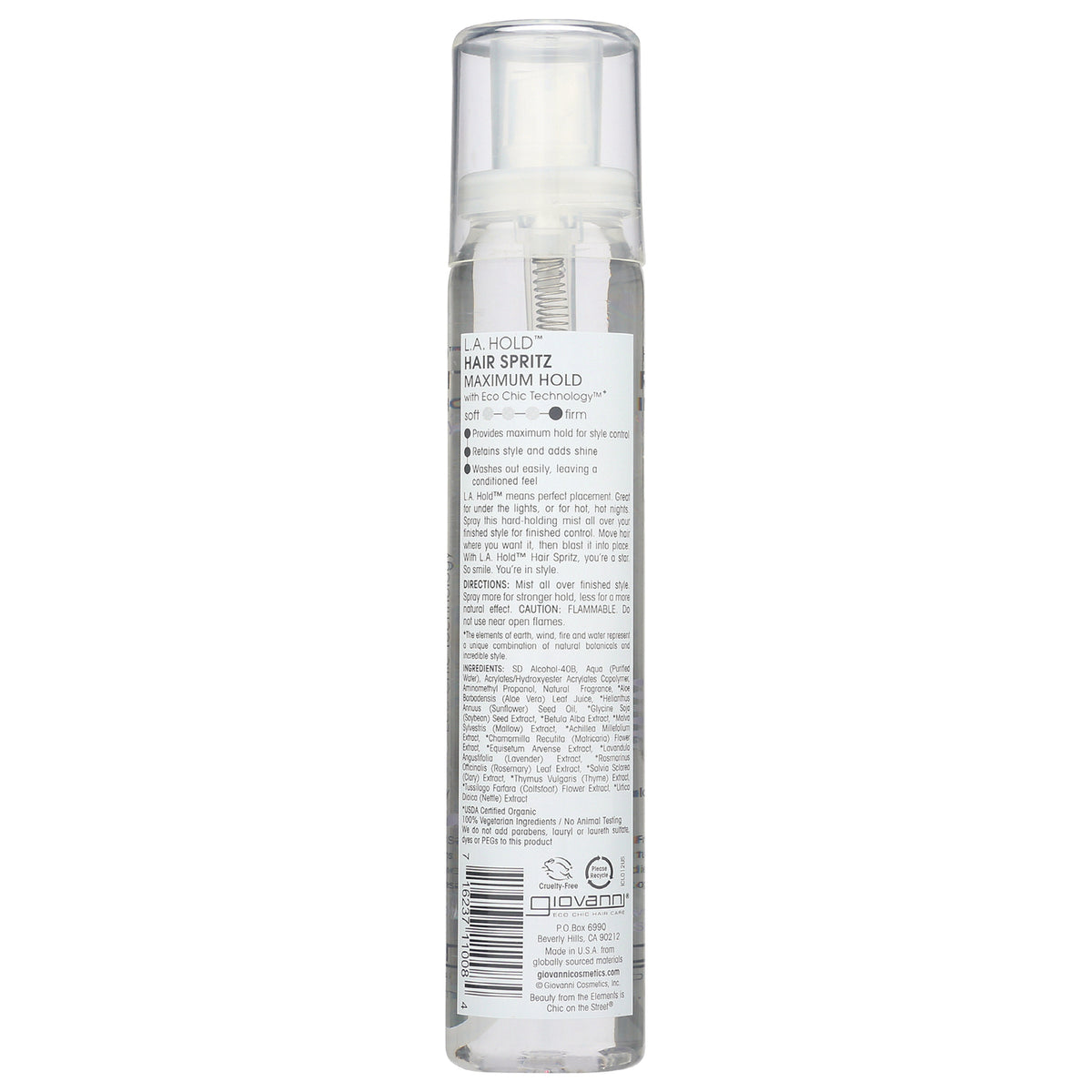 GV047 | back label of clear hair spritz bottle showing ingredients, directions, and barcode