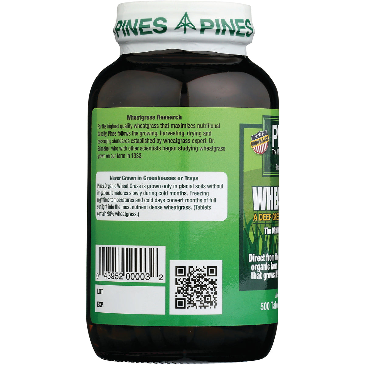 PNN003 | back label of wheatgrass supplement bottle showing research text, barcode, and QR code
