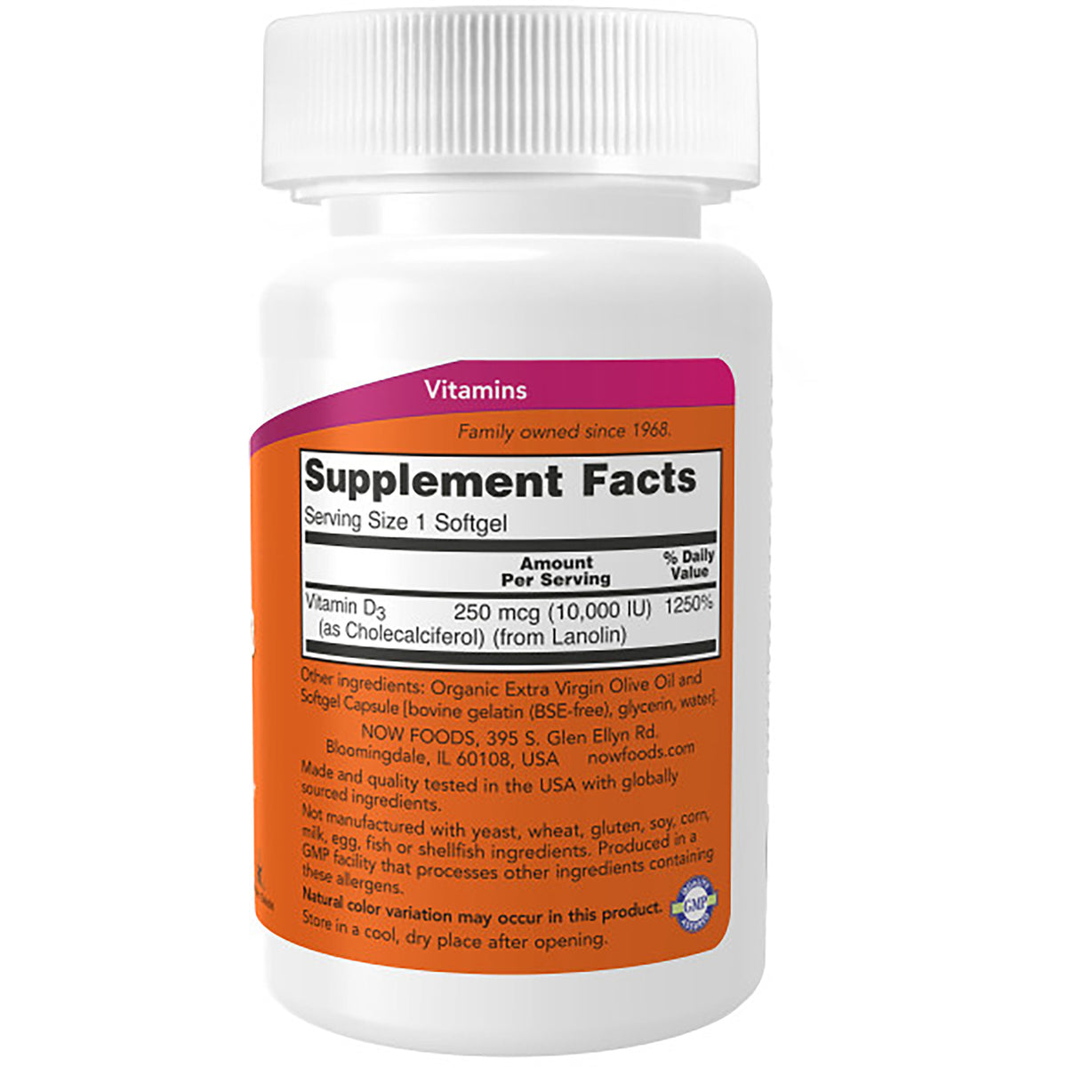 NWF1194 | Back label of white supplement bottle showing Supplement Facts, serving size 1 softgel and Vitamin D3 250 mcg (10,000 IU)
