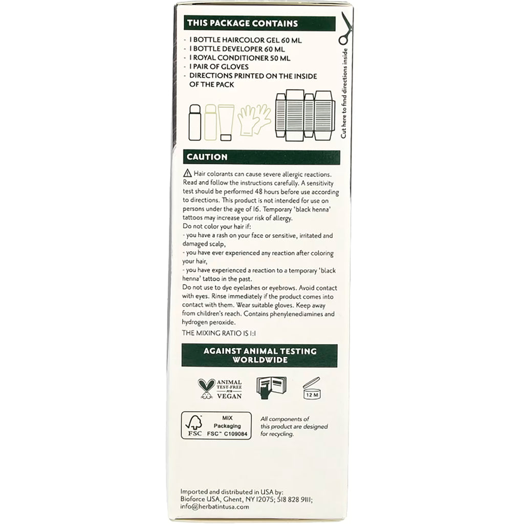HBT004 | back of hair color box showing package contents, caution text, and recycling and vegan icons - Thumbnail