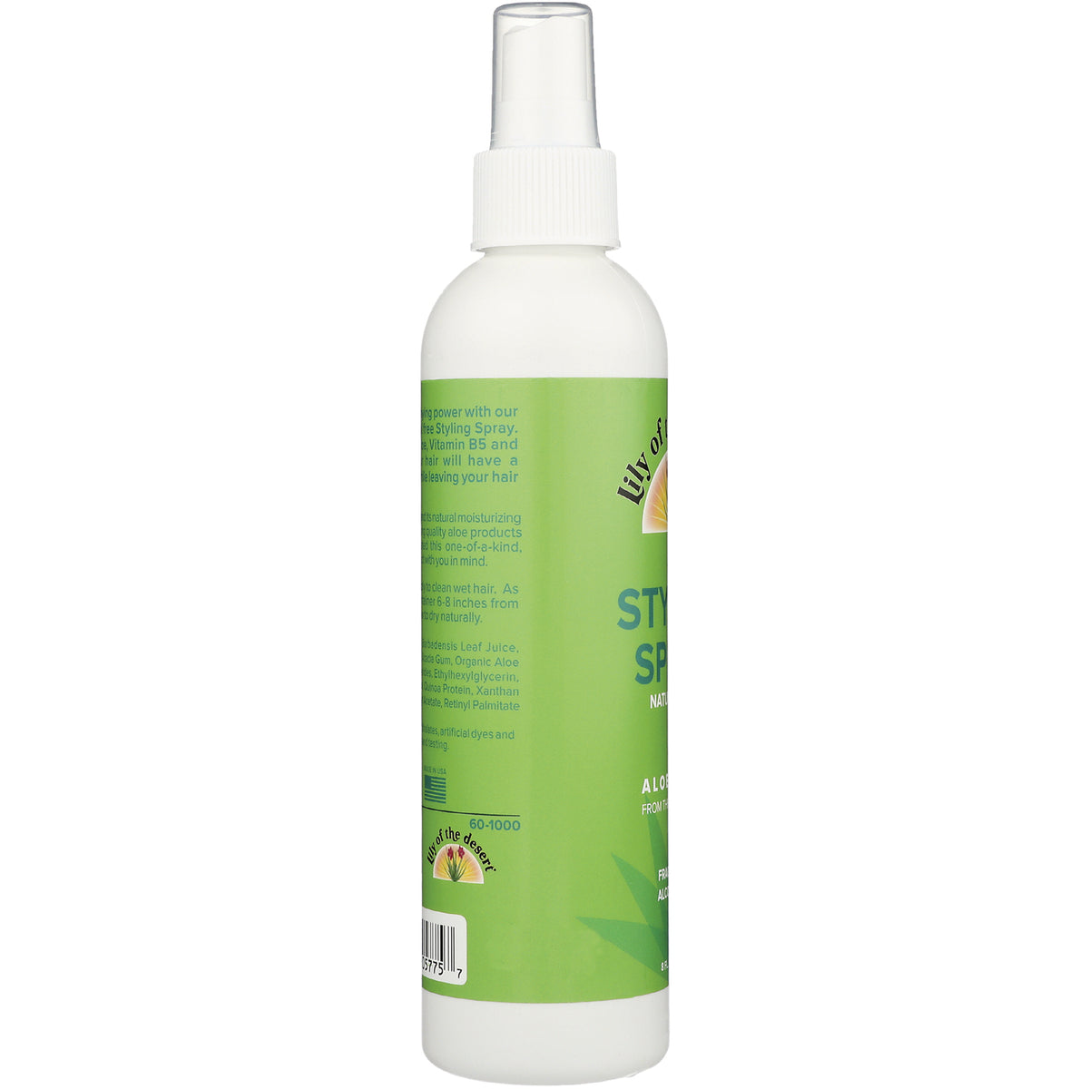 LIL009 | back of green styling spray bottle showing label text, ingredients and barcode