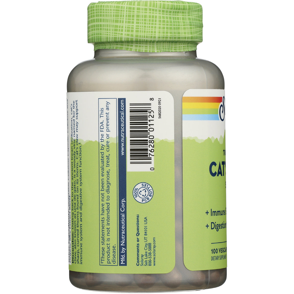 SLR338 | side label of supplement bottle showing barcode, small text panel and green patterned cap