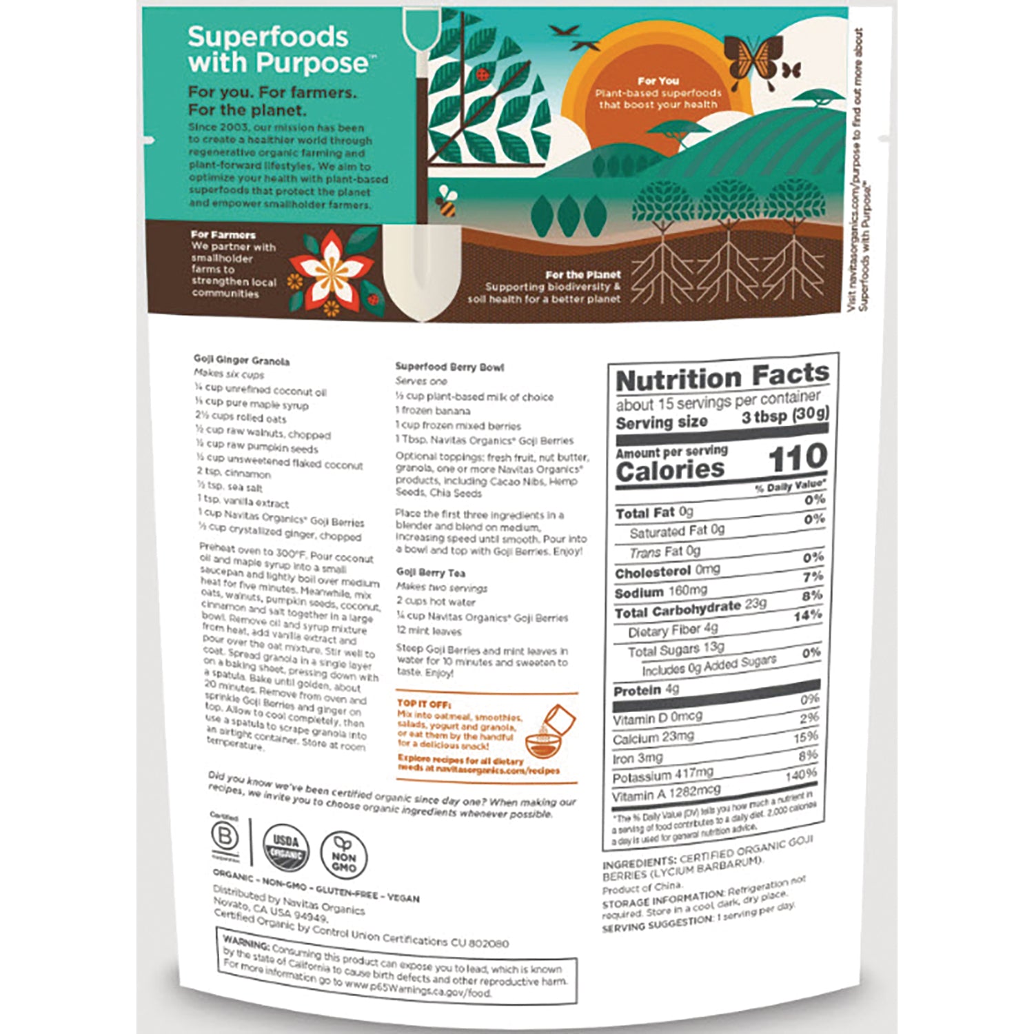 NAV002 | back of white pouch showing Nutrition Facts panel, ingredients and recipe text