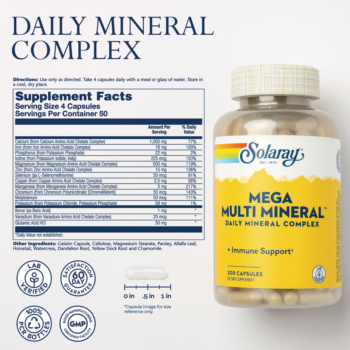 SLR549 | Solaray Mega Multi Mineral Daily Mineral Complex supplement facts panel and bottle, 200 capsules
