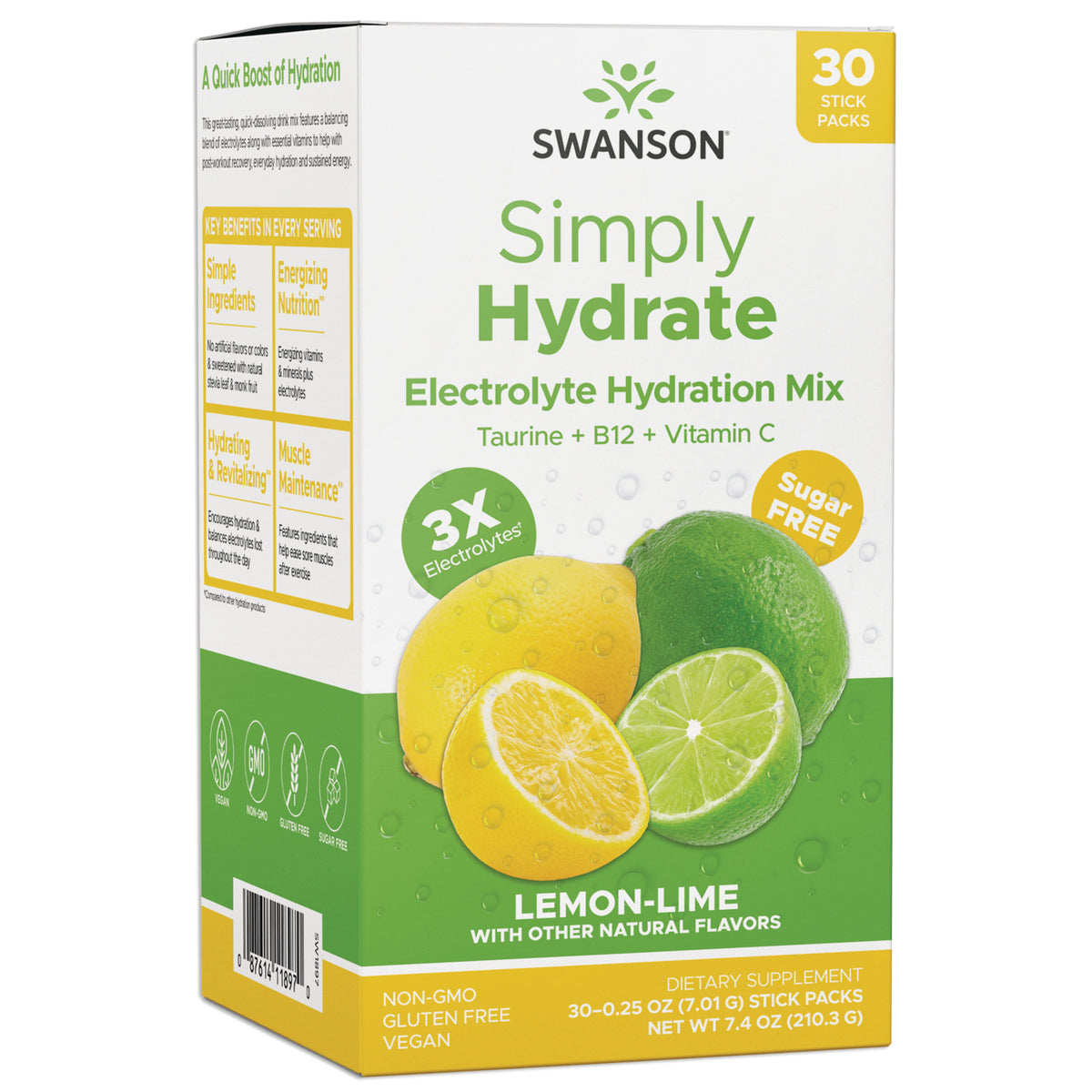 SW1897 | Swanson Simply Hydrate lemon-lime electrolyte hydration mix single-serve stick labeled 'Sugar Free' and '3X Electro-