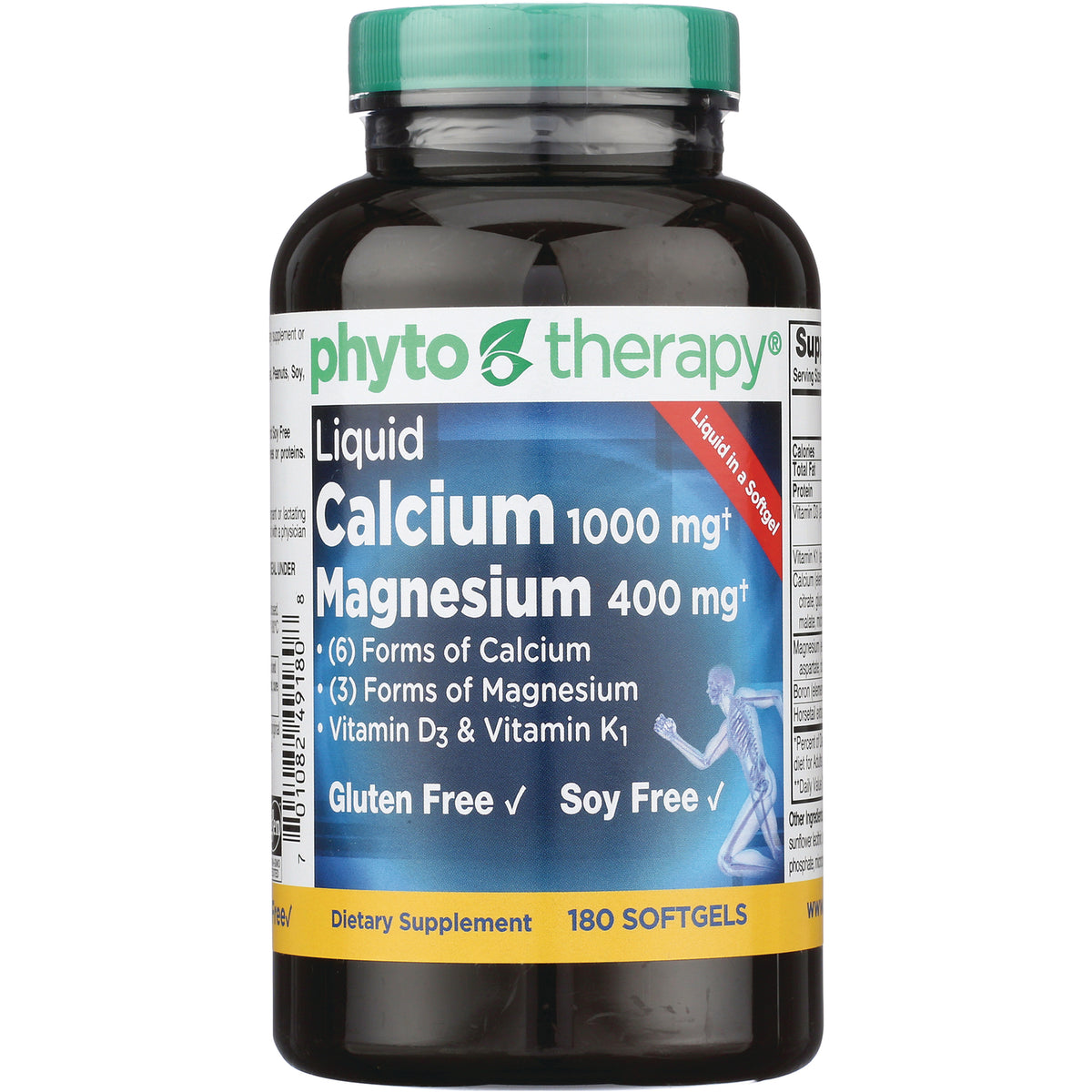 PHY003 | Brown bottle labeled Phyto Therapy Liquid Calcium 1000 mg Magnesium 400 mg dietary supplement 180 softgels