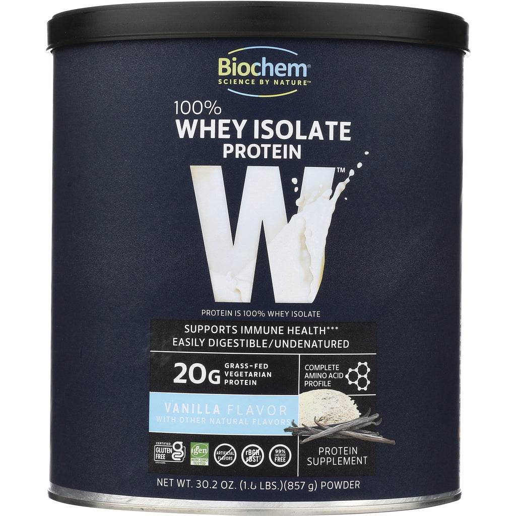 CRL328 | Biochem 100% Whey Isolate protein powder tin, vanilla flavor, front label shows 20g protein and brand logo - Thumbnail