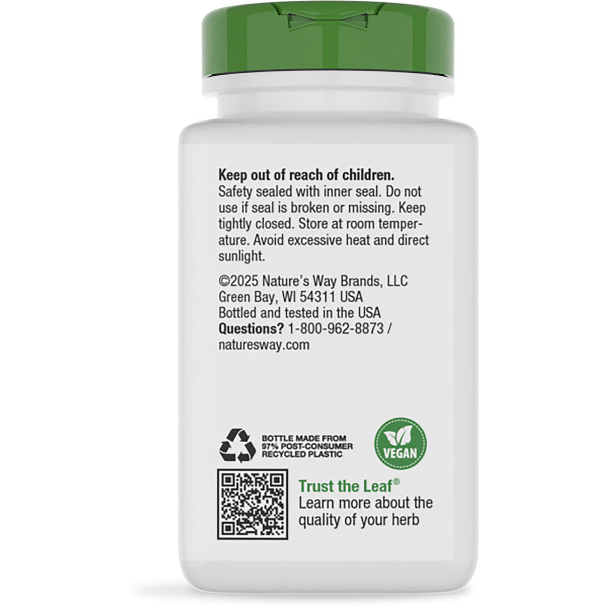 NW843 | Back label of brown supplement bottle reading Women's Traditional Health Support 640 mg raspberry leaf per 2-capsule serving and barcode
