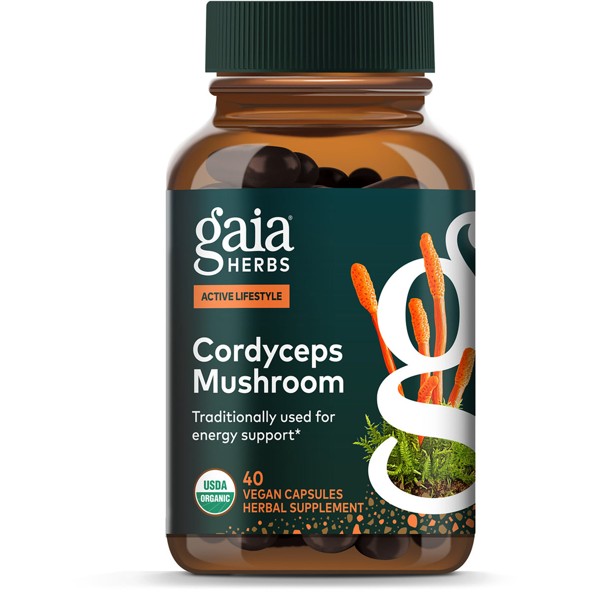 GH146 | Gaia Herbs Cordyceps Mushroom box, Energy Support, 40 vegan capsules, USDA Organic and Non GMO labels