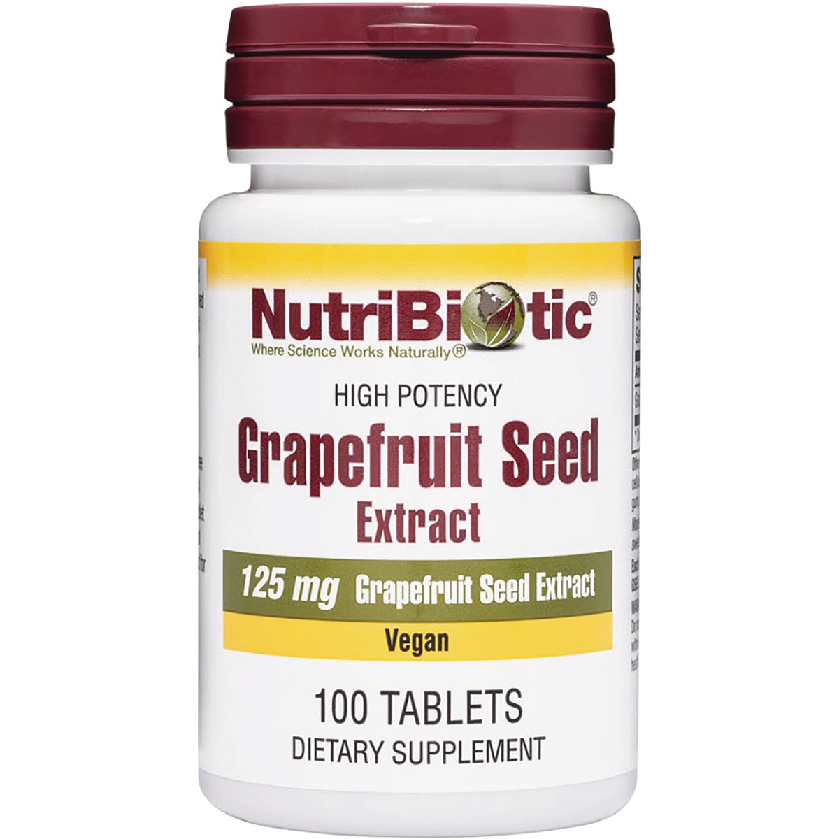 NUB002 | NutriBiotic High Potency Grapefruit Seed Extract bottle, 125 mg, vegan, 100 tablets