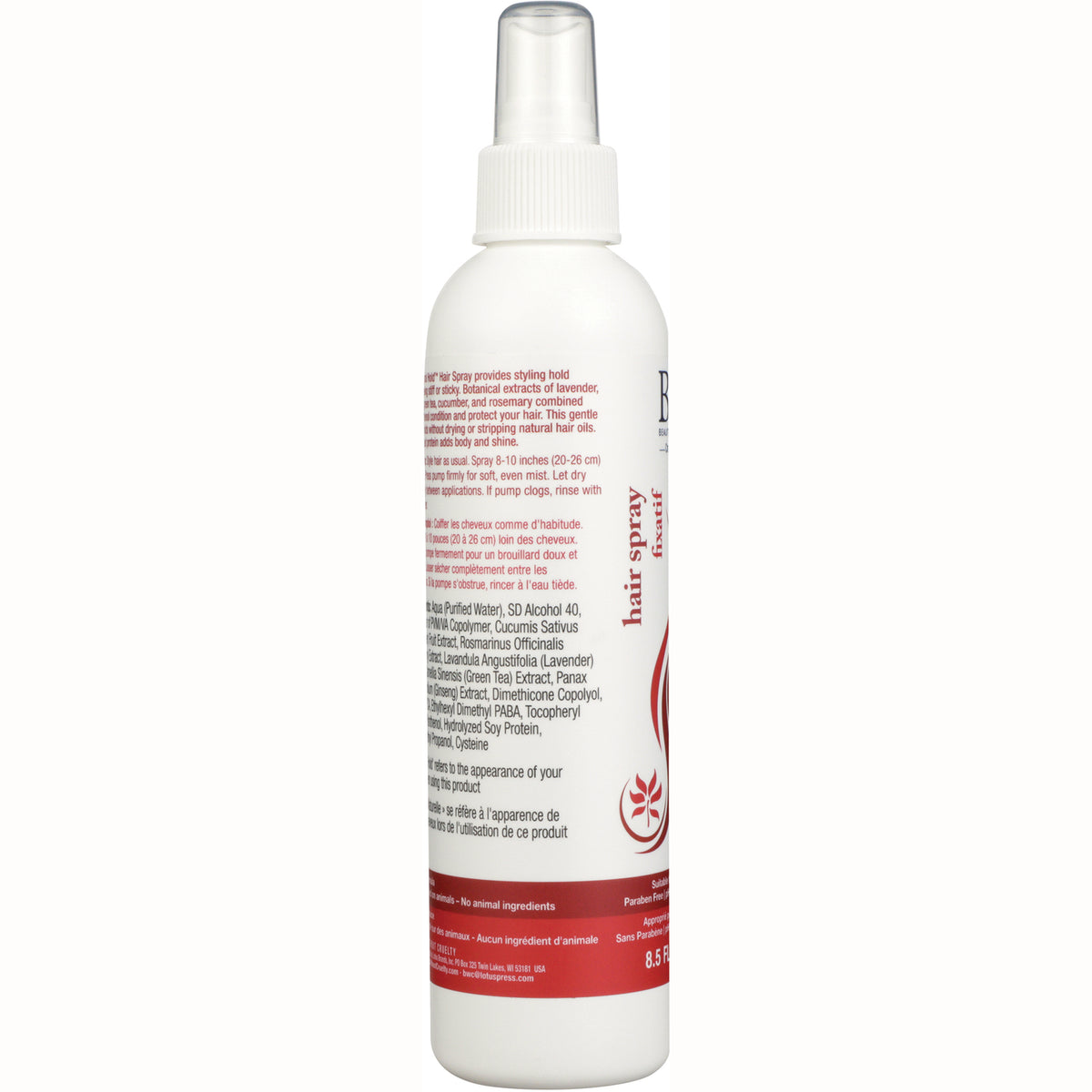 BWC076 | Back of white hair spray bottle showing ingredients, directions, and red vertical hair spray label