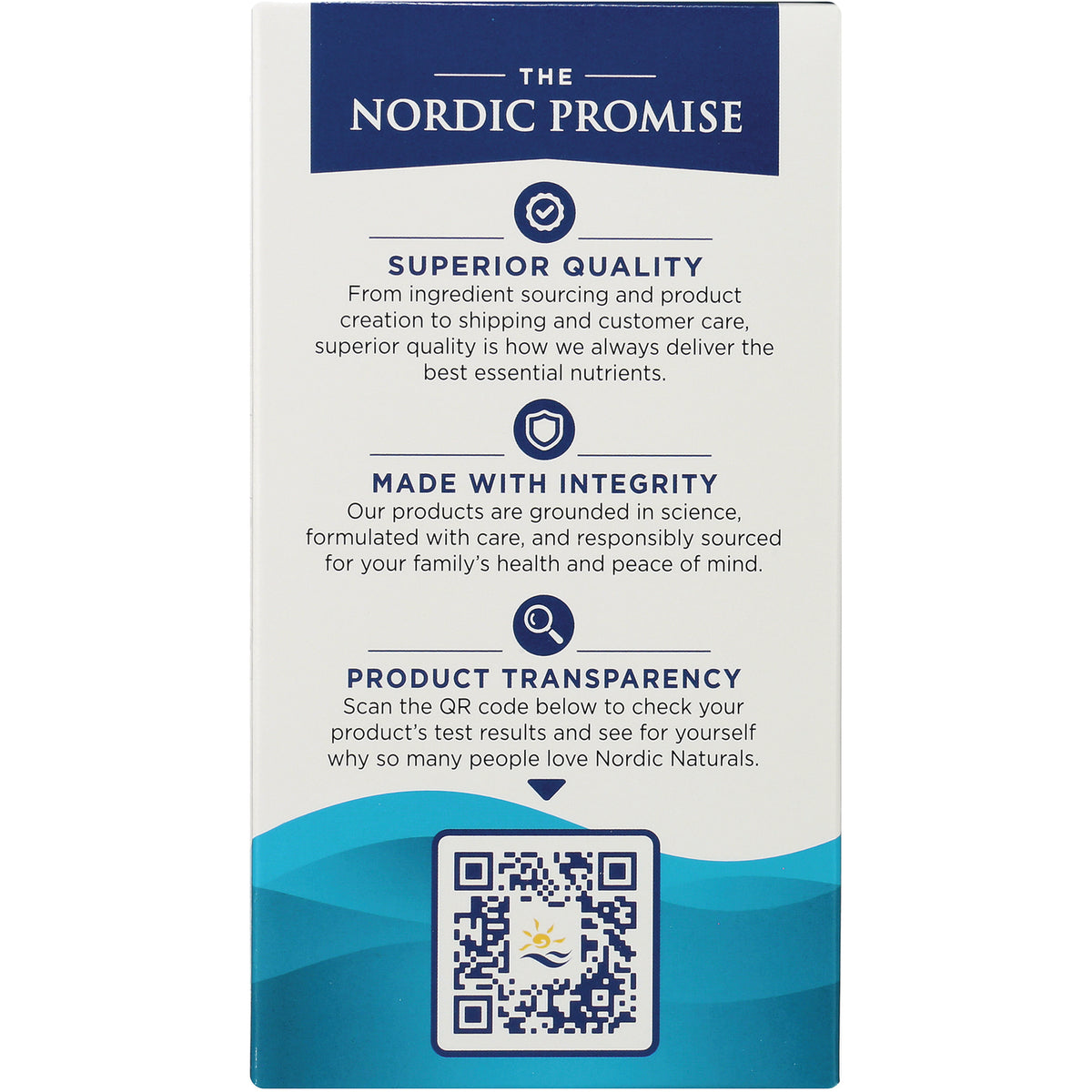 NRN027 | Back panel infographic titled THE NORDIC PROMISE with Superior Quality, Made With Integrity, Product Transparency and a QR code