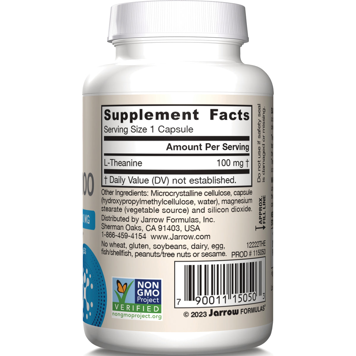 JR045 | back label of white supplement bottle showing Supplement Facts listing L-Theanine 100 mg, ingredients, barcode, Non-GMO badge