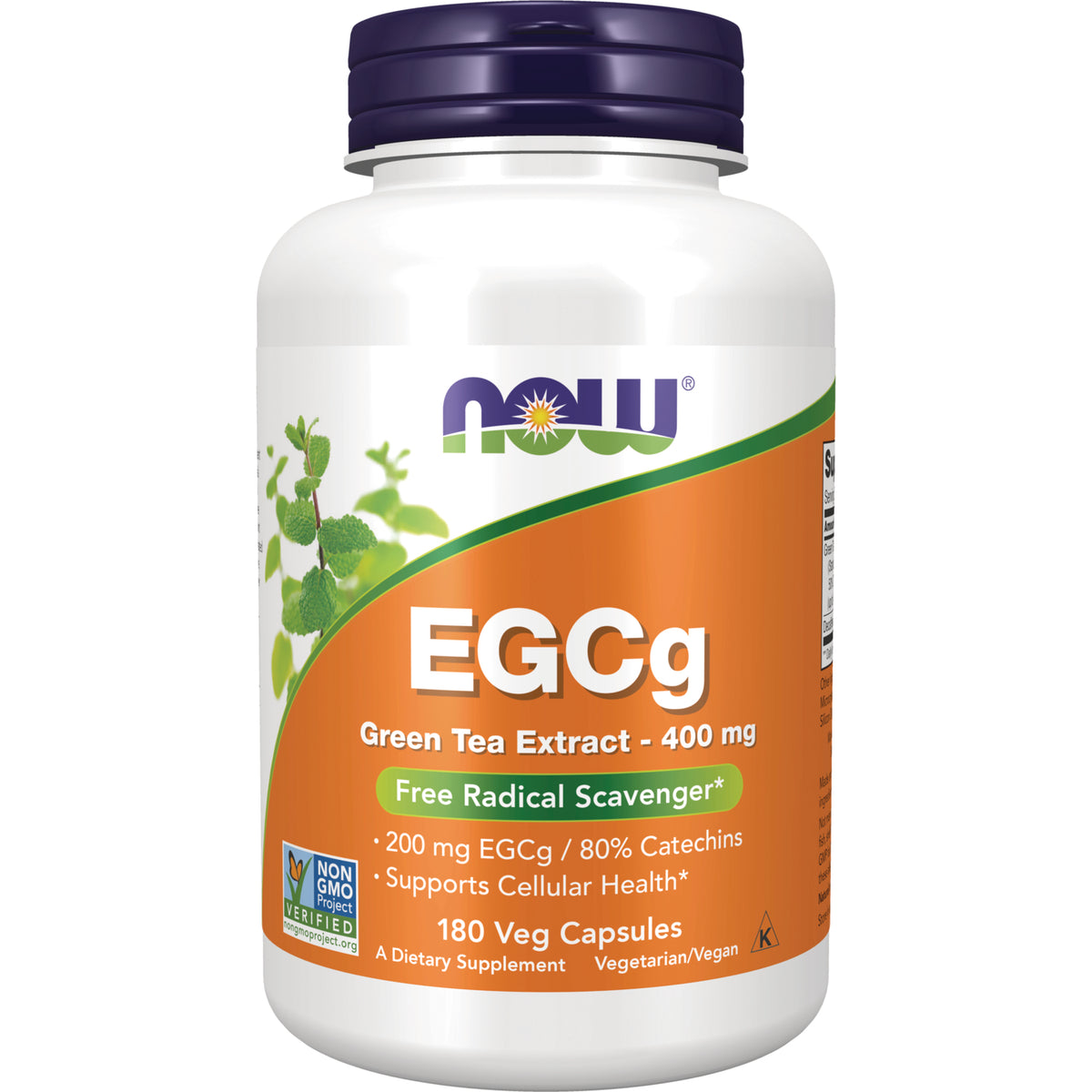 NWF240 | NOW EGCG Green Tea Extract 400 mg bottle with orange label, 180 veg capsules, Non-GMO Verified