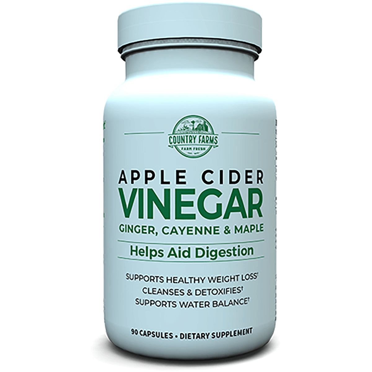 CFR017 | Front view of Country Farms Apple Cider Vinegar bottle labeled ginger cayenne & maple, helps aid digestion, 90 capsules