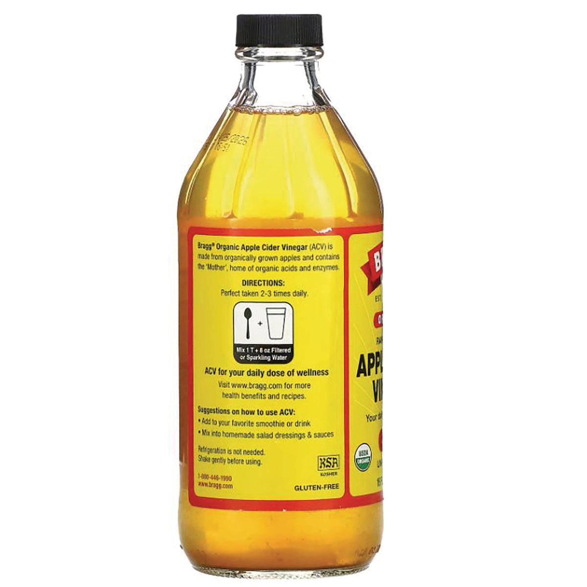 BR005 | Back label of apple cider vinegar bottle showing directions, usage suggestions and certification icons