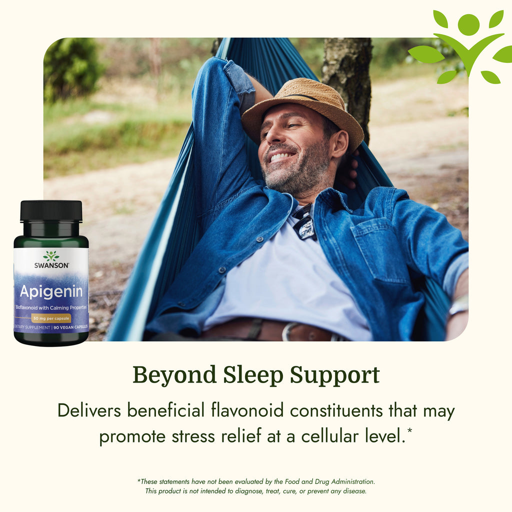 SWU375 | Swanson Apigenin supplement bottle beside a man relaxing in a hammock with the text Beyond Sleep Support - Thumbnail