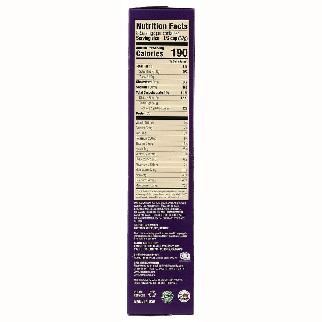 FFL002 | Back panel showing Nutrition Facts, ingredients, and Calories 190 on a purple cereal box - Thumbnail