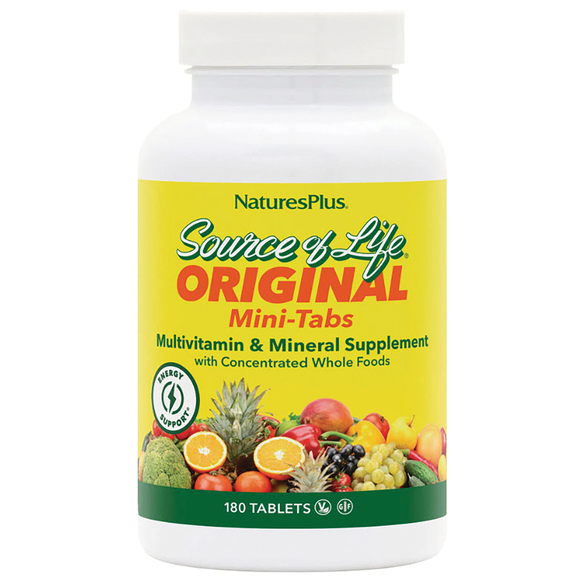 NTP040 | NaturesPlus Source of Life Original Mini-Tabs multivitamin bottle, yellow label with fruit imagery, 180 tablets