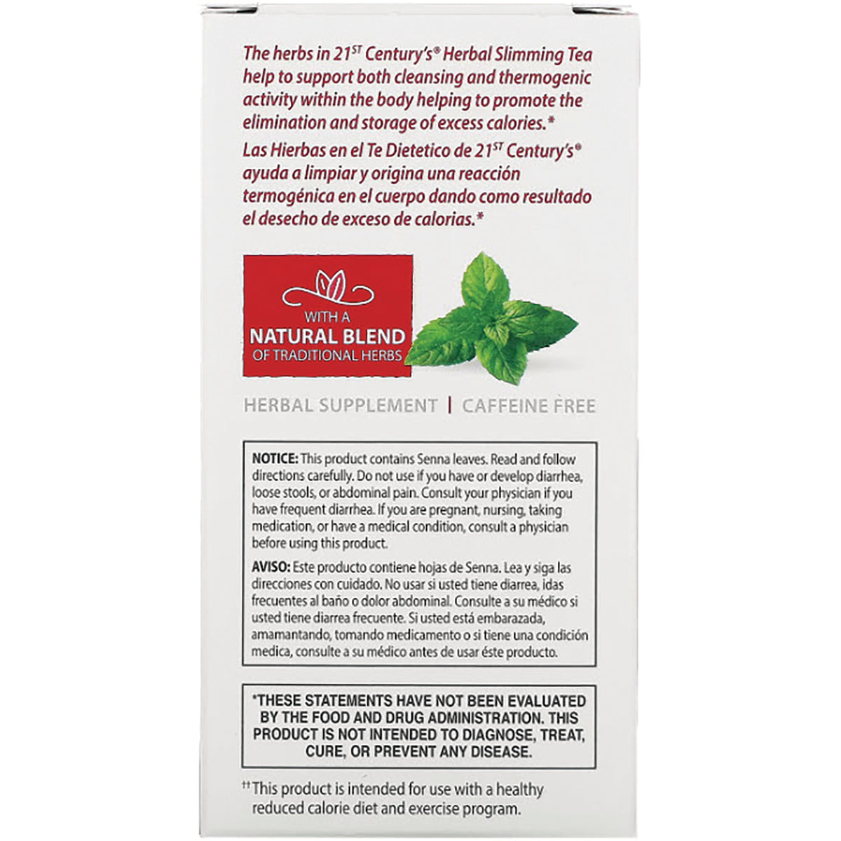 Back of herbal slimming tea box showing natural blend logo, mint leaves, and warning notice
