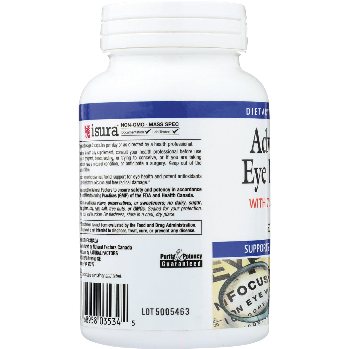 NFC150 | Back label of white supplement bottle showing ingredients panel, barcode, and LOT 5005463