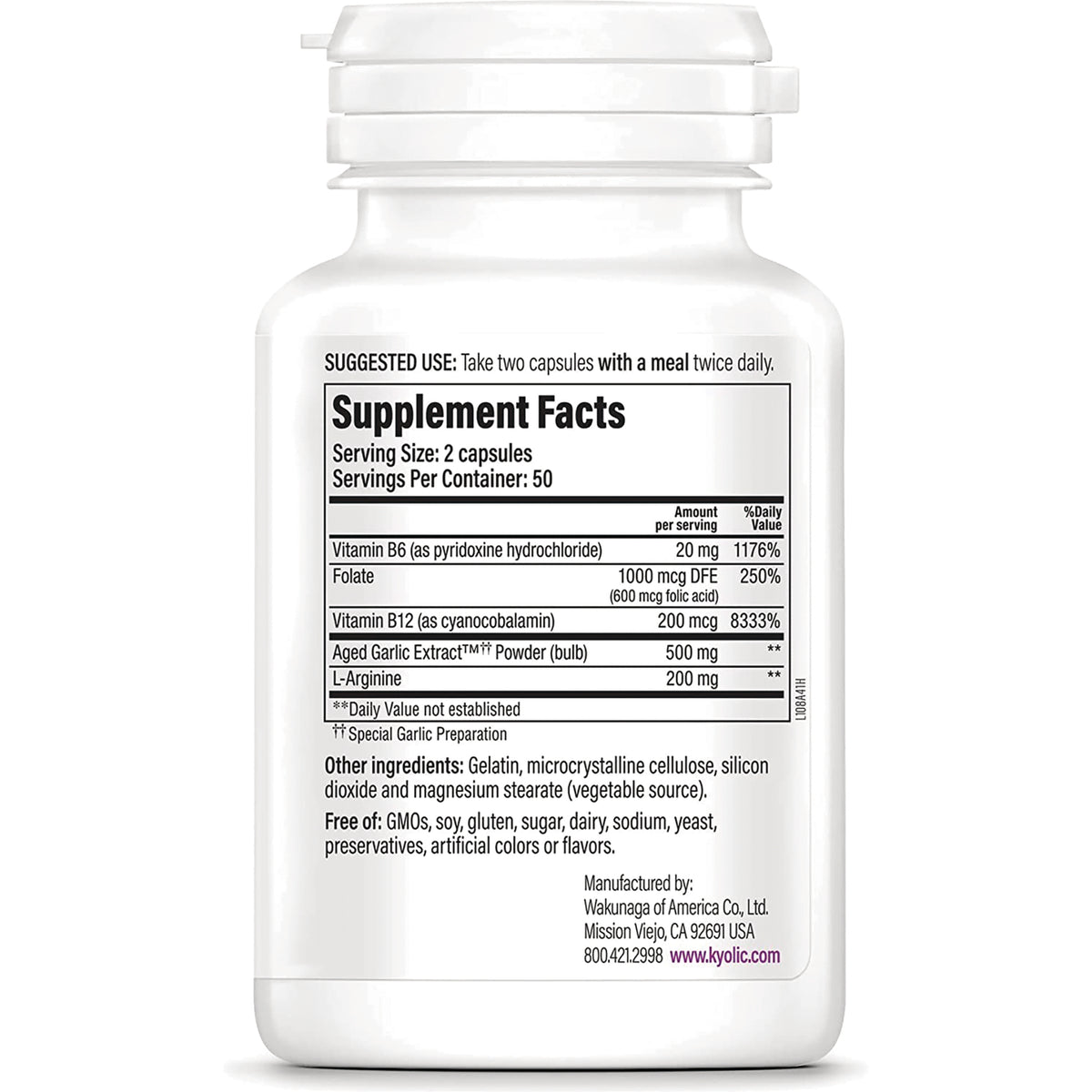 KY075 | back label showing Supplement Facts panel with serving size 2 capsules, ingredient list and manufacturer info