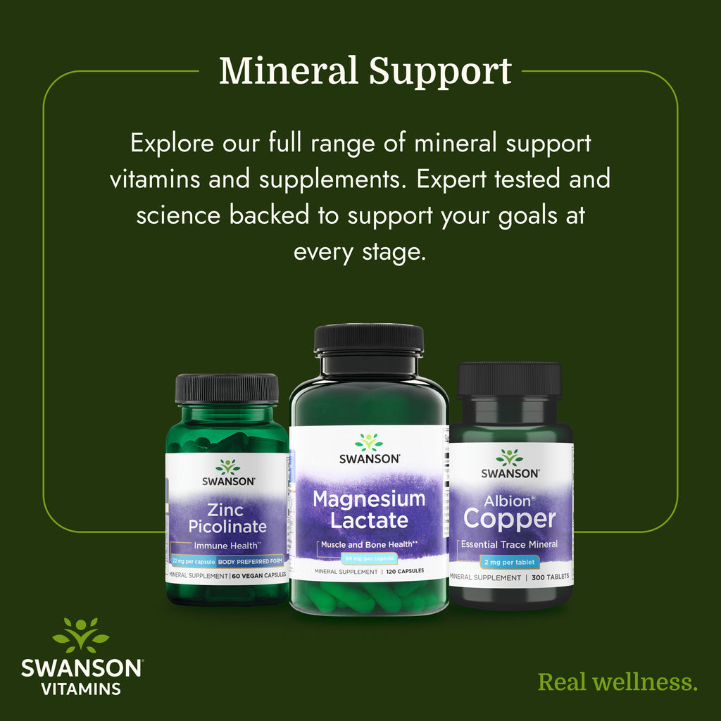 SW1525 | Swanson Minerals support infographic with Zinc Picolinate, Magnesium Lactate, and Albion Copper bottles - Thumbnail