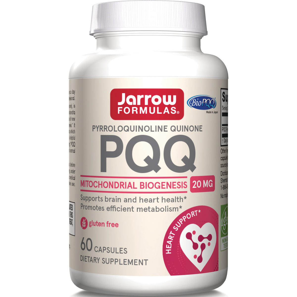 JR358 | Jarrow Formulas PQQ 20 mg dietary supplement bottle front label showing 60 capsules and heart support