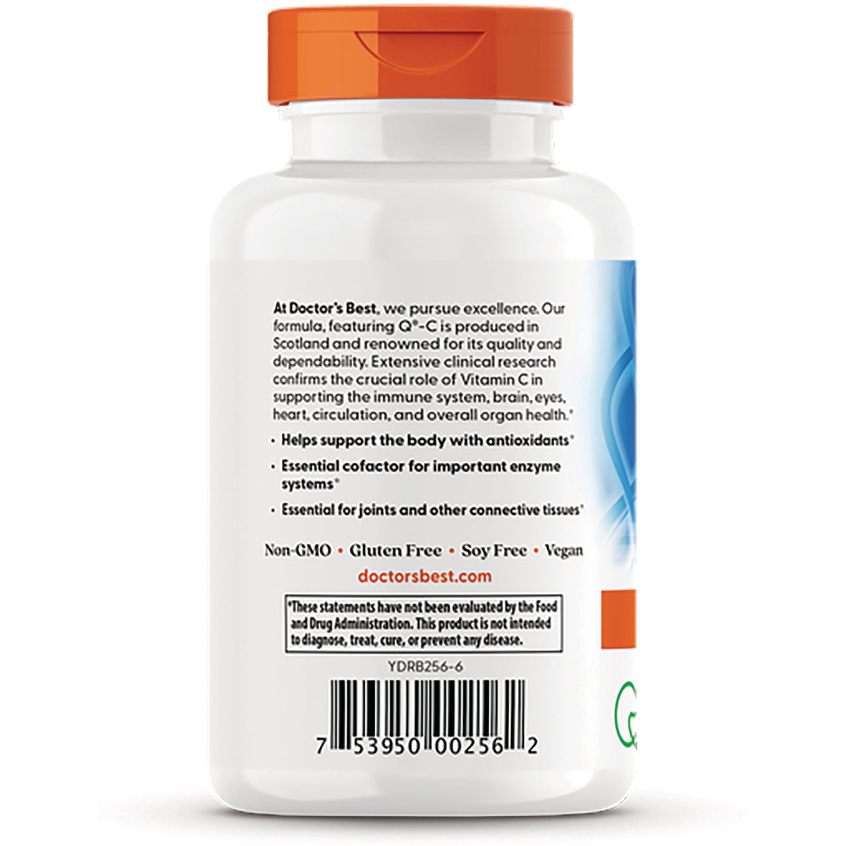 DB215 | Back label of white supplement bottle showing product claims, non-GMO gluten free icons and barcode