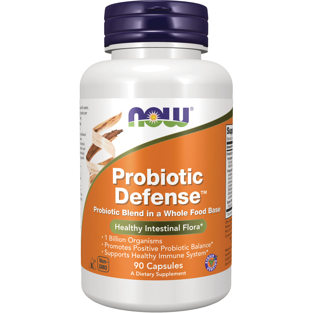 NWF775 | White bottle of NOW Probiotic Defense supplement with orange label reading Probiotic Defense, 90 Capsules - Thumbnail