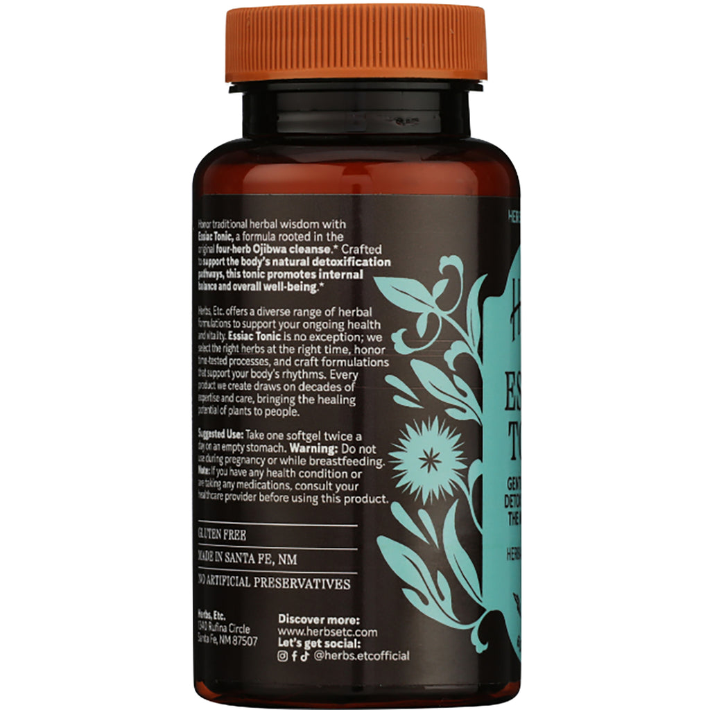 HE107 | Herbs Etc. Essiac Tonic softgel bottle with use instructions, warnings, and brand website - Thumbnail