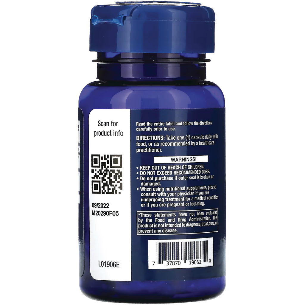 LE487 | Back of blue supplement bottle showing directions, warnings, QR code, and barcode on label - Thumbnail