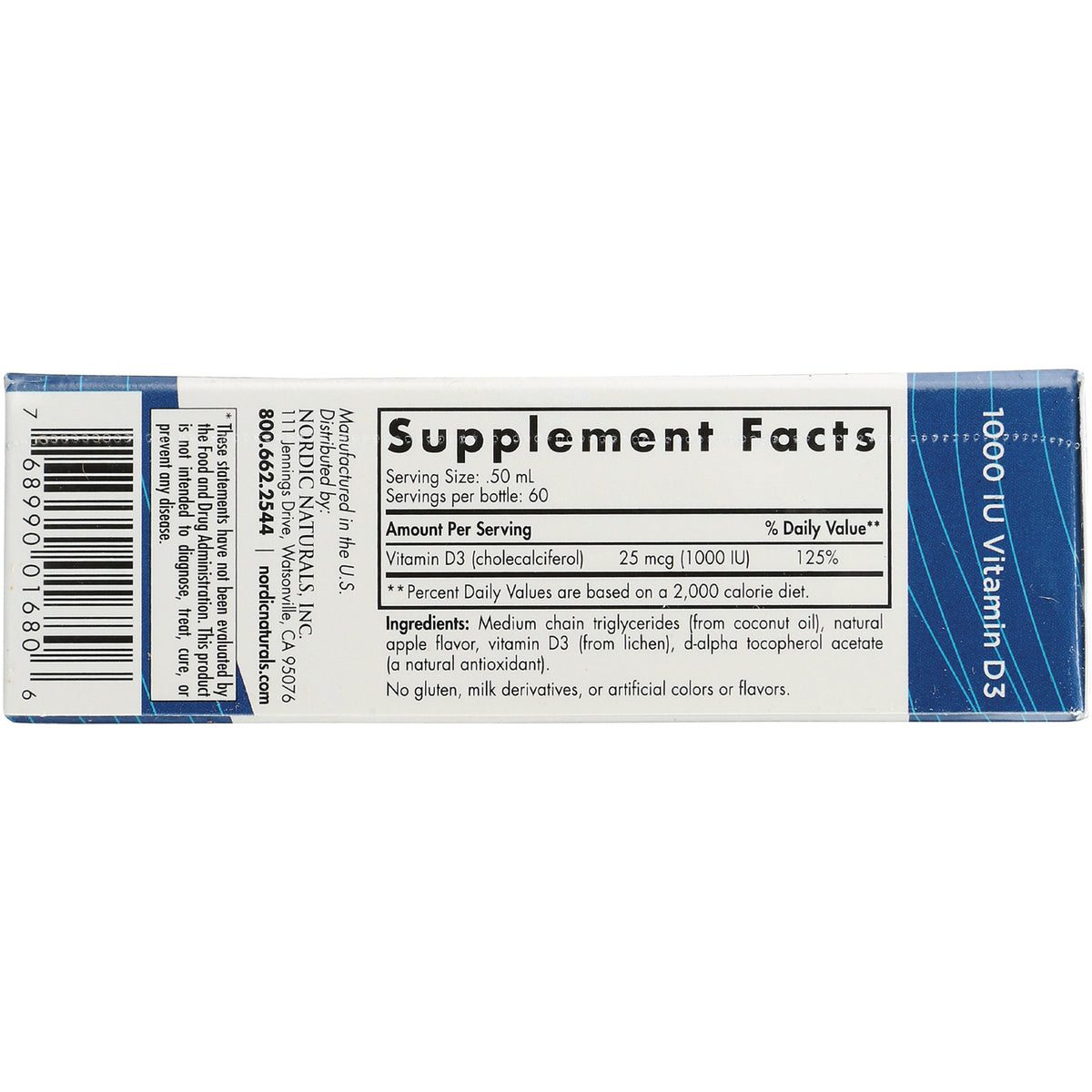 NRN069 | back of supplement box showing Supplement Facts panel with Vitamin D3 25 mcg (1000 IU) and ingredients