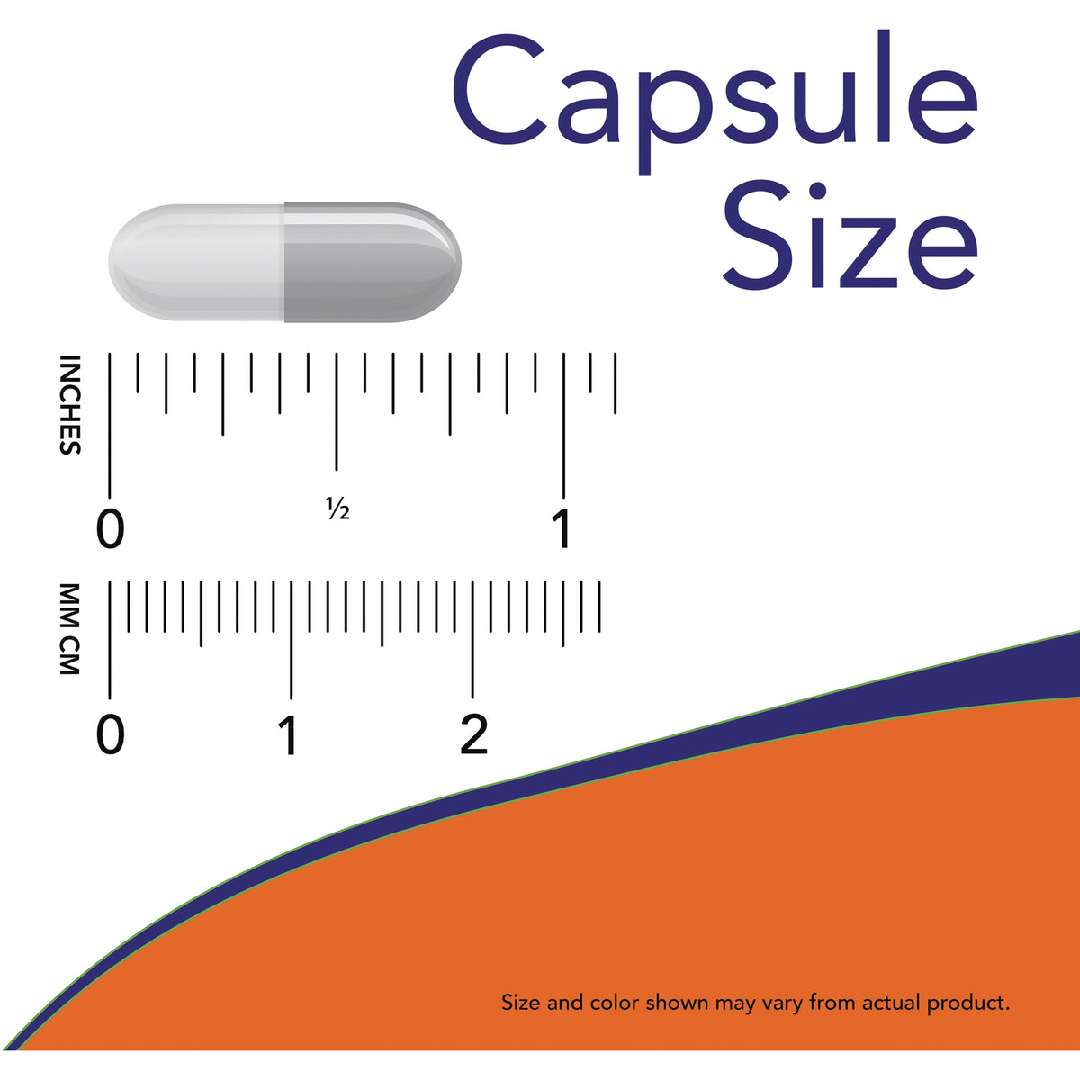 NWF137 | capsule size guide showing a gray capsule above inch and millimeter rulers labeled 0 to 2